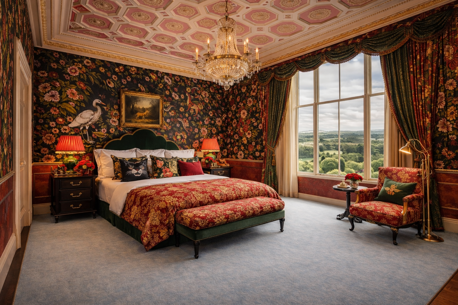 Eclectic maximalist bedroom with red and gold brocade bedding, floral walls, gold crystal chandelier, and countryside views.