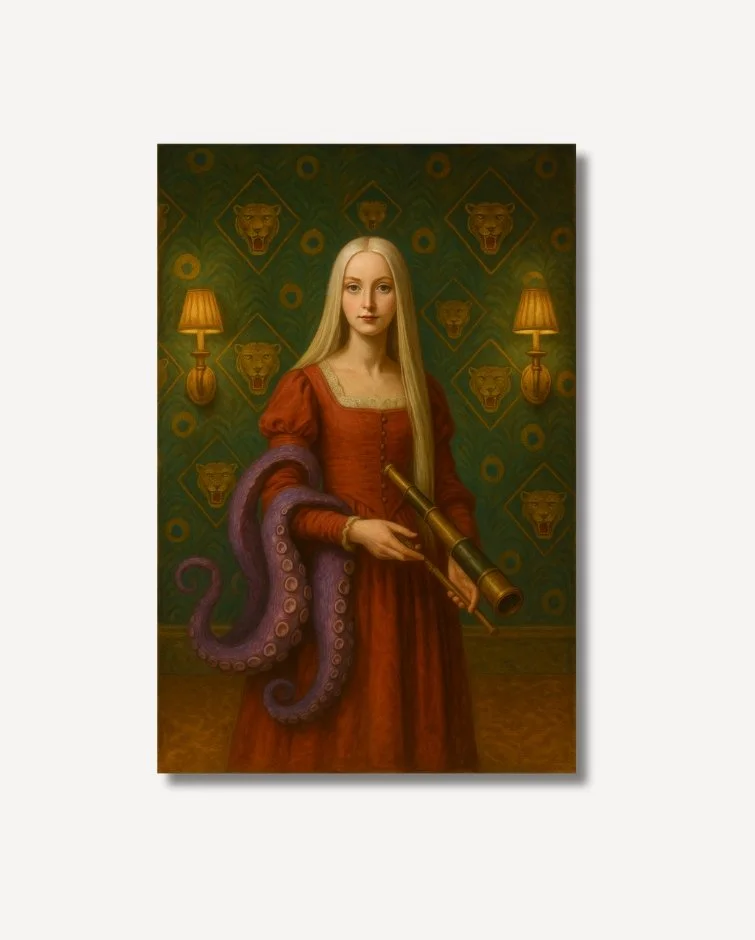 Blonde Victorian woman in a red dress with octopus tentacles Marilen The Octopus Whisperer Fine Art on archival paper