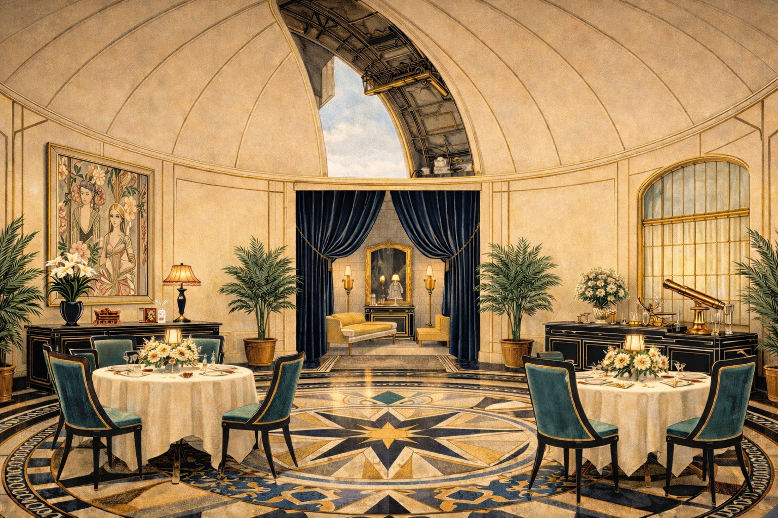 an antique observatory with art deco seating, white tablecloths and vintage decor