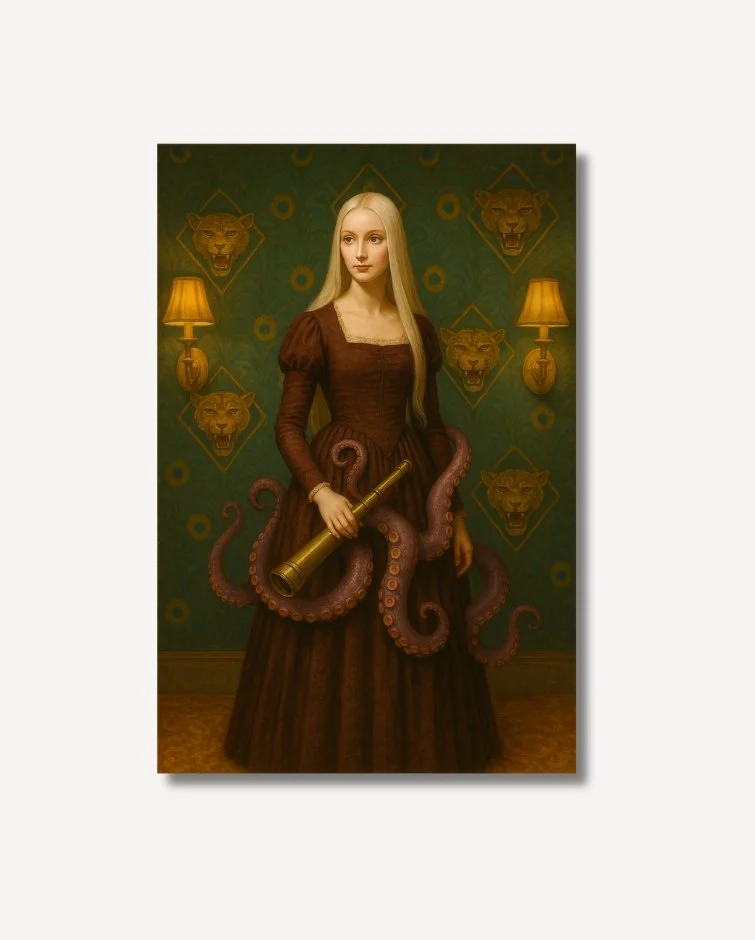 A Victorian woman in a long burgundy dress holding a telescope surrounded by Octopus tentacles Ina The Sea Guardian Fine Art on archival paper
