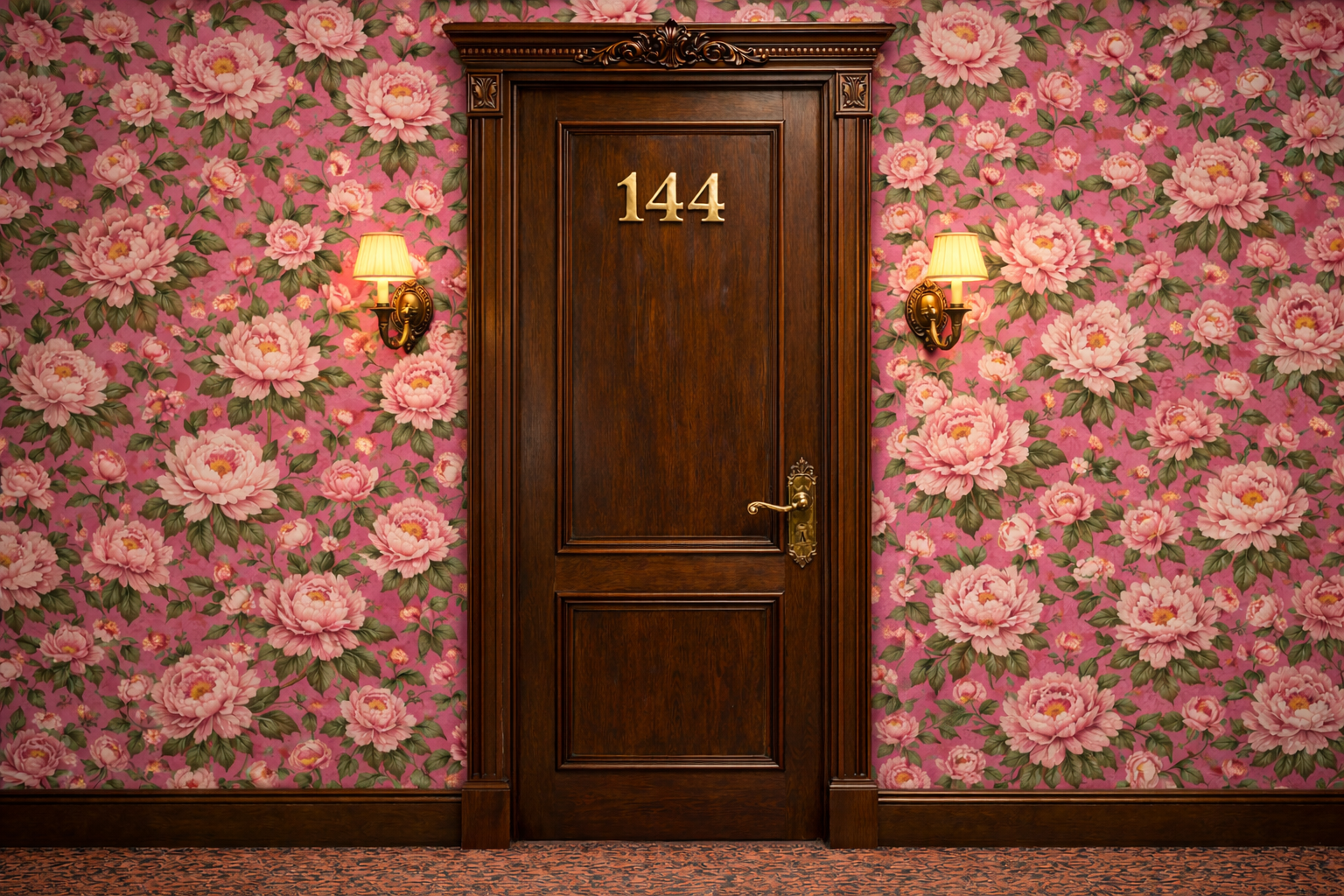 a victorian era hotel room door, with brass fittings, surrounded by bright pink peony wallpaper