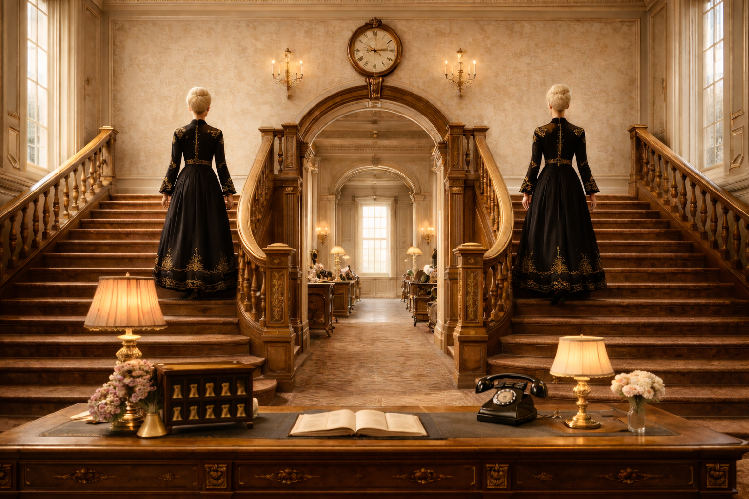 two victorian women in long black embroidered dresses, a hotel lobby, ascending a staircase.