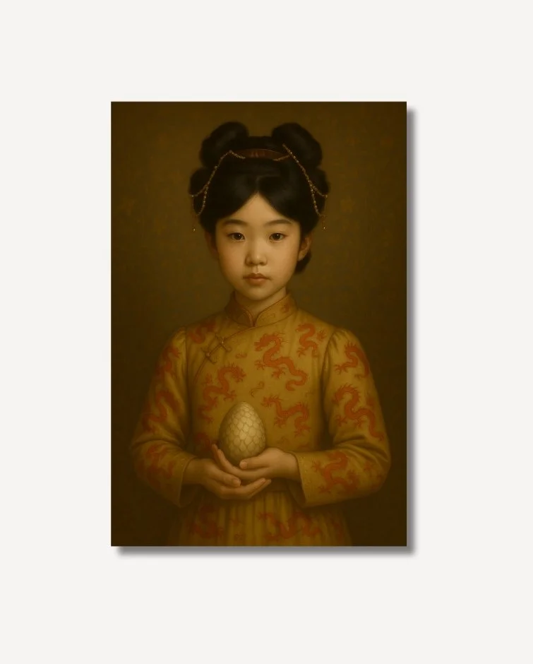 Vintage Asian Girl in gold and red dress Delia holding a gold dragon egg fine art on archival paper