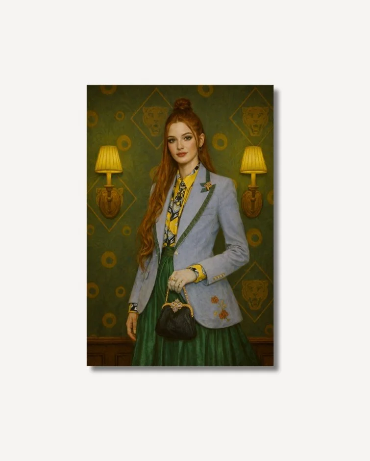A green haired woman in a painterly style dressed in a blue suit coat and green skirt on archival paper