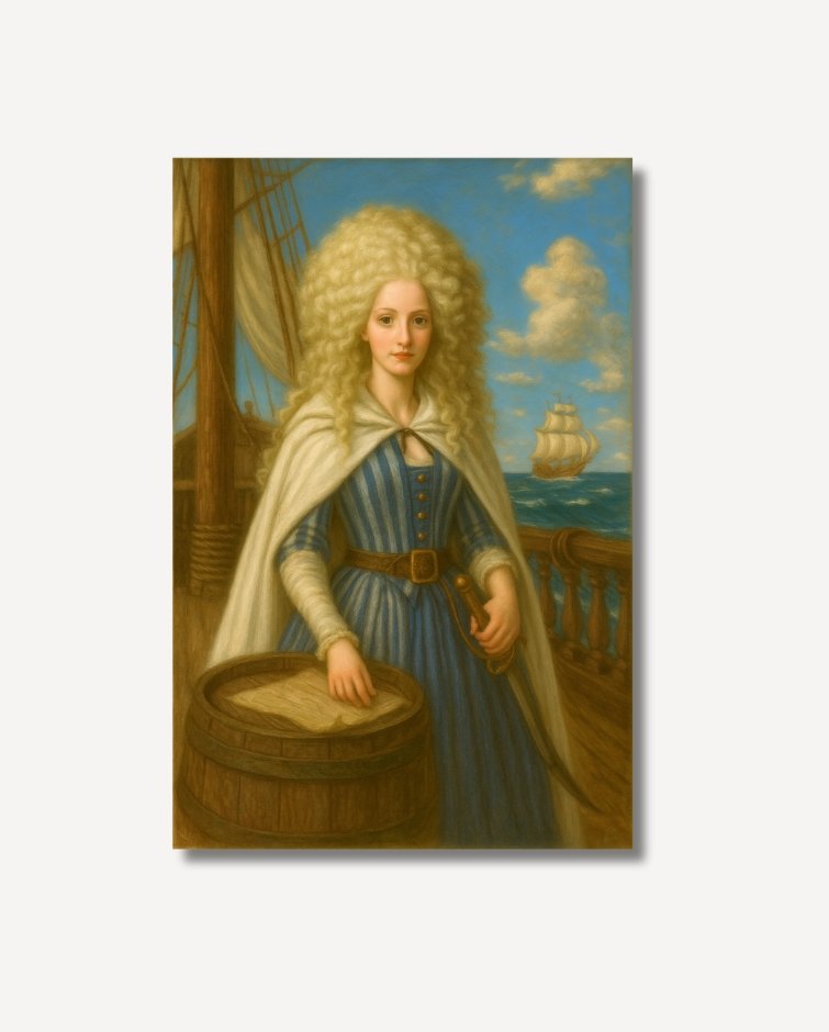 White Blonde curly haired vintage woman in a blue dress and white cape on a ship Nina The Cartographer Fine Art on archival paper
