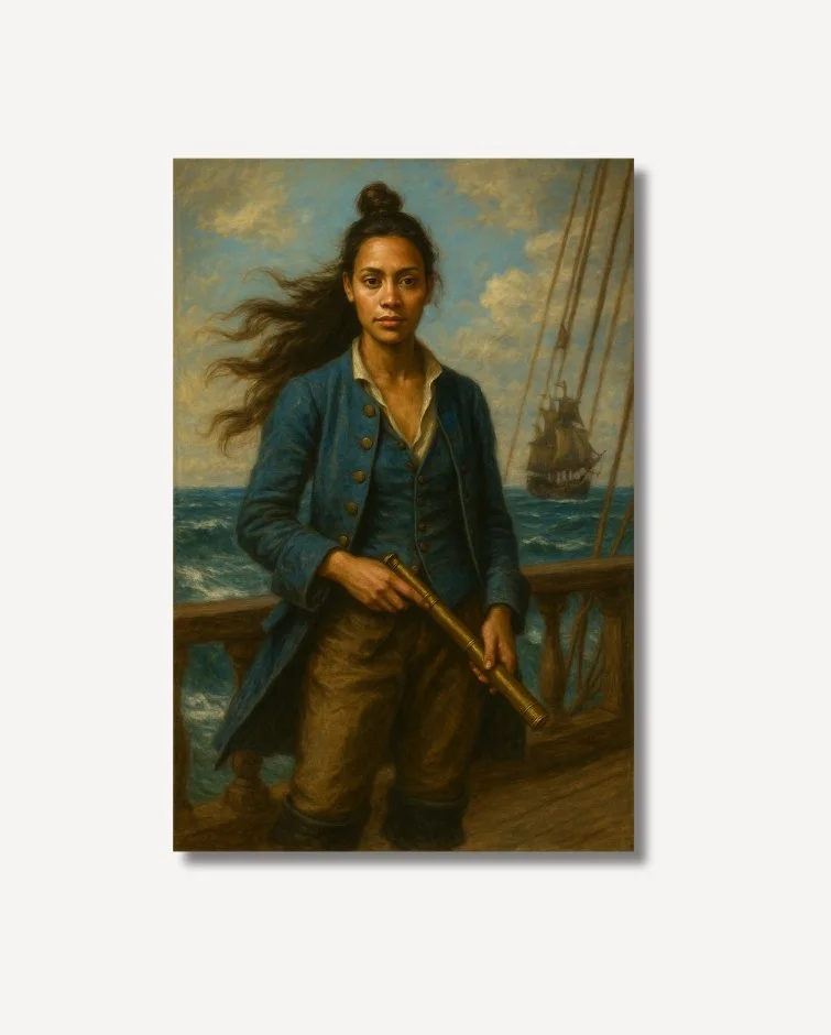 Brown haired vintage woman in blue coat pirate outfit on an antique ship Wilhelmina The Sentinel Fine Art on archival paper