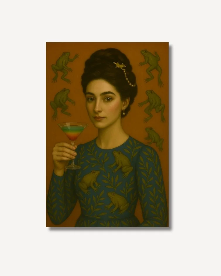 A woman with a brunette updo in a green dress with embroidered frogs holding a colourful martini Henrietta Likes Frogs and Martinis Fine Art on archival paper