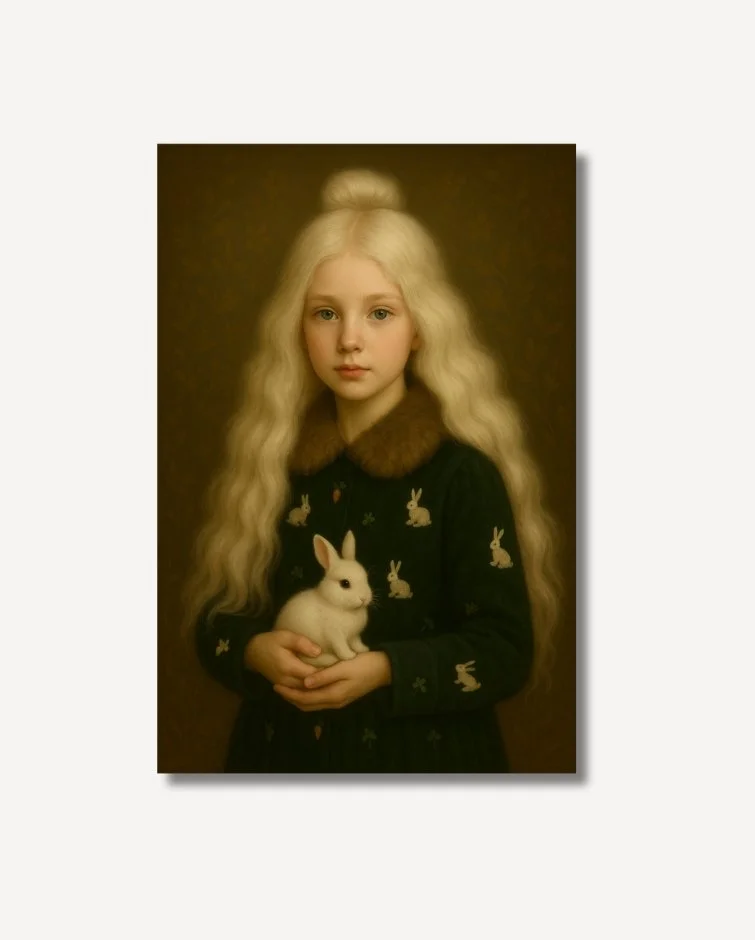 Vera, a blonde Russian girl and Her Bunny antique digital art on Archival Paper