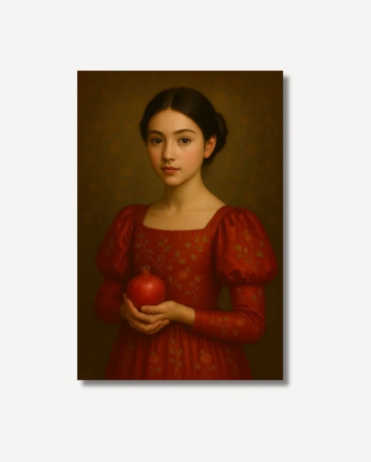 A girl with brown hair in an updo and in a red dress vintage style Isabella holding a red Pomegranate fine art on archival paper