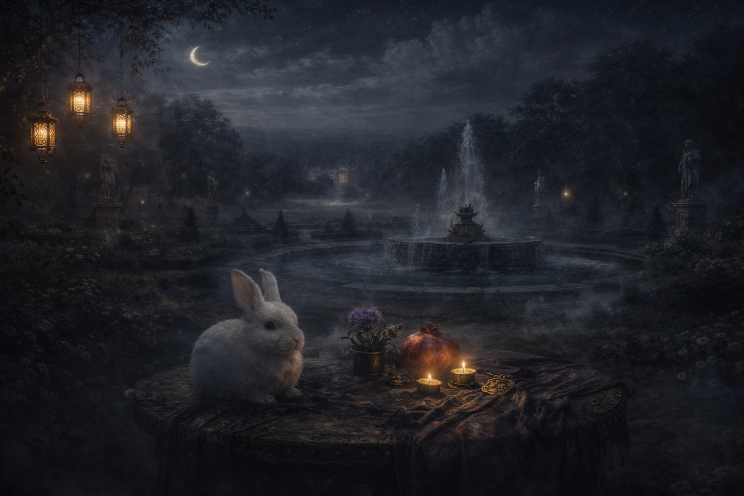 A moonlit garden scene with a white bunny sitting on a table, surrounded by lit candles, a potted plant, and a pomegranate, with a fountain and statues in the background under a crescent moon.