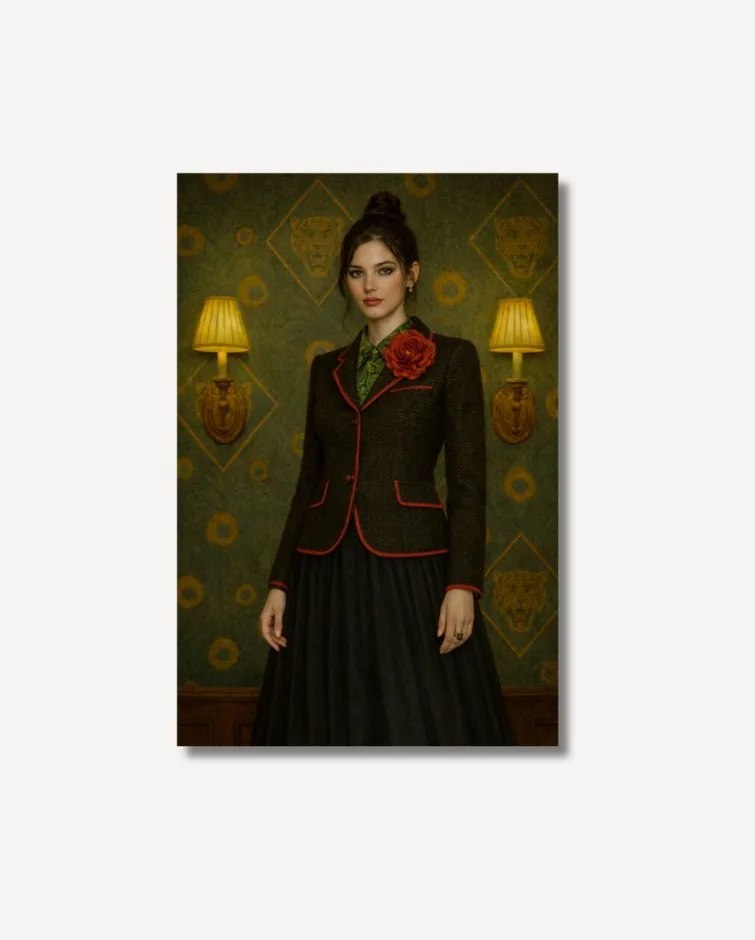 Portrait of a woman wearing a dark tailored jacket with red trim and a floral accent, paired with a long black skirt, standing against patterned green wallpaper with wall lamps on archival paper
