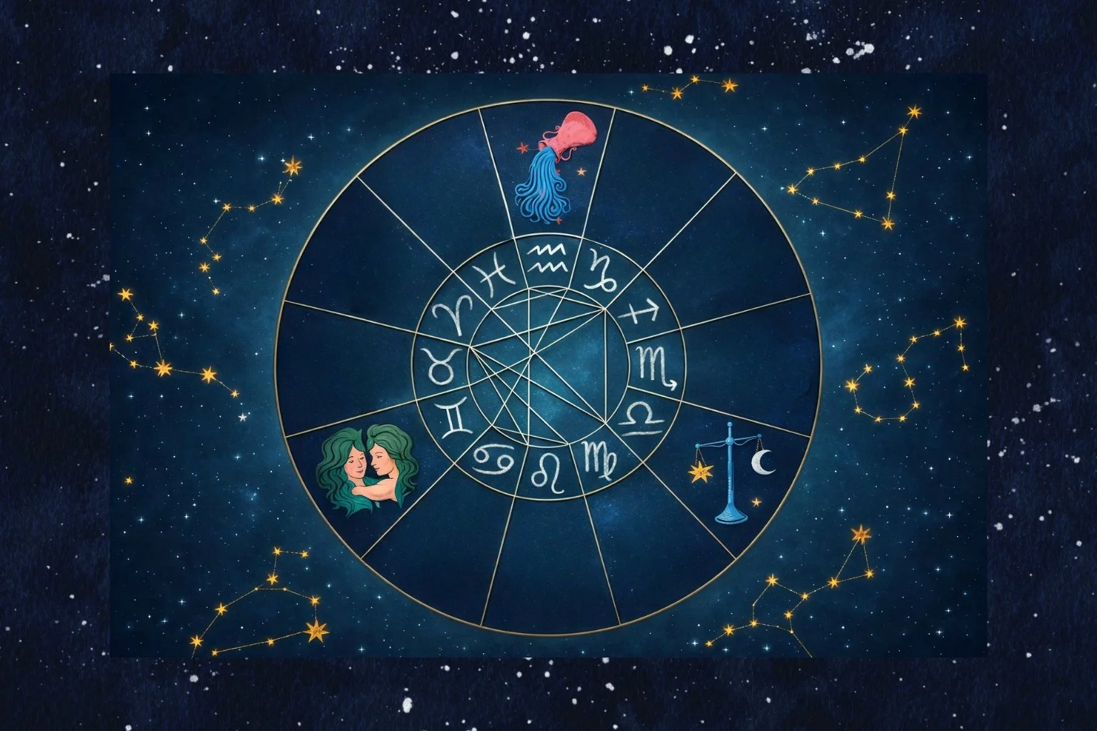 A vintage zodiac wheel showing the elemental symbols of Air on a blue cosmic background