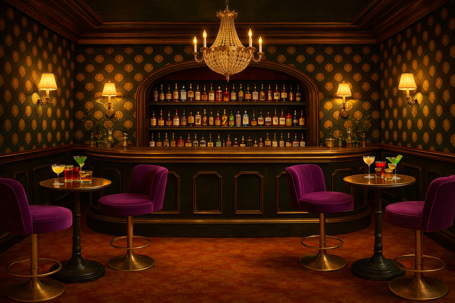 An eccentric speakeasy bar with crystal chandeliers, purple velvet stool chairs and luxurious wallpaper
