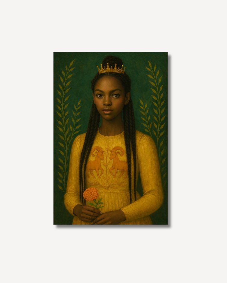 Marigold as Aries Zodiac in gold dress with green background on archival paper