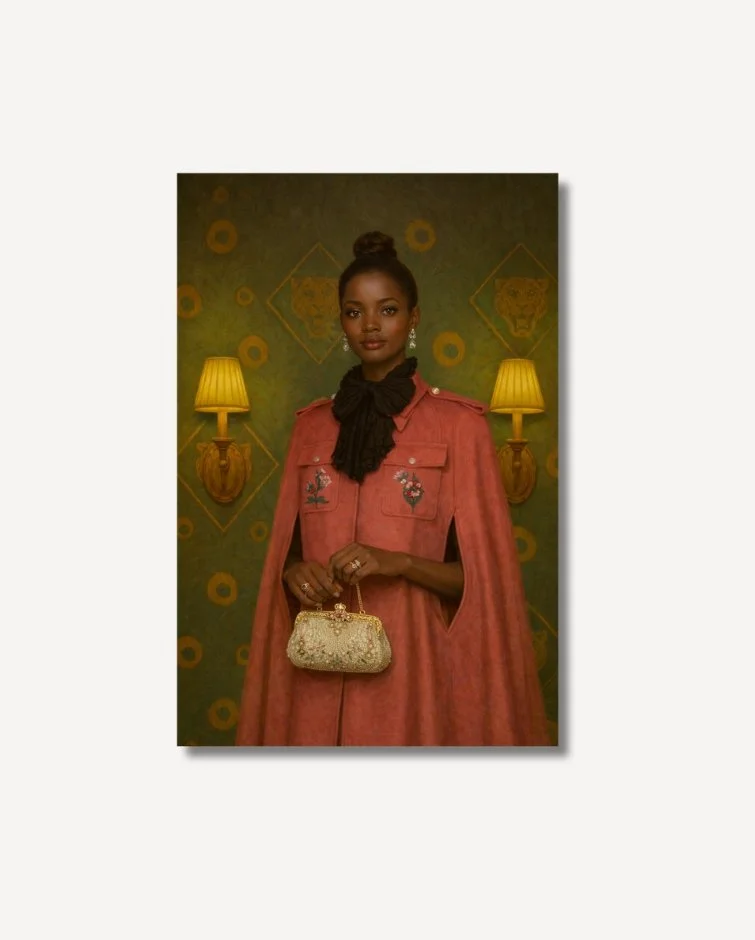 Portrait of a woman wearing a rose-colored tailored coat with embroidered details, holding a gold beaded handbag, set against patterned green wallpaper with wall lamps on archival paper