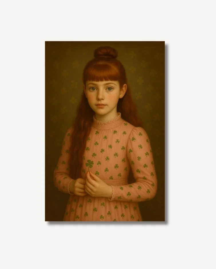 Red haired girl Briede in a peach dress holding a green clover fine art on archival paper