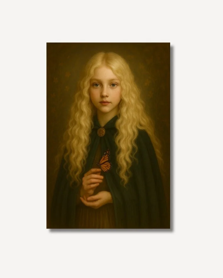 A long haired blonde girl in a cape Ella holds a monarch butterfly fine art on archival paper