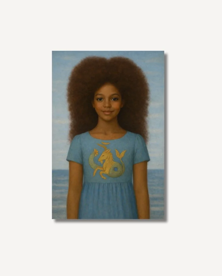 Rena, black girl with big afro in a blue dress with Capricorn motif on archival paper