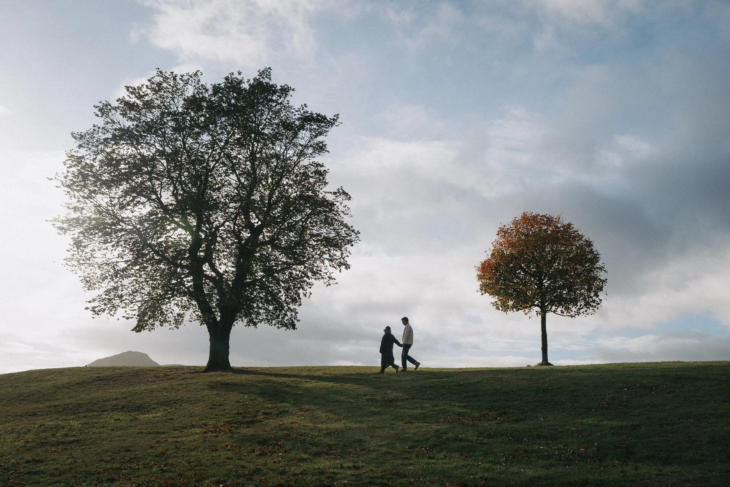 Two people holding hands walking on a grassy hill with two trees, one large and one smaller, under a cloudy sky. - captured by an Edinburgh wedding photographer