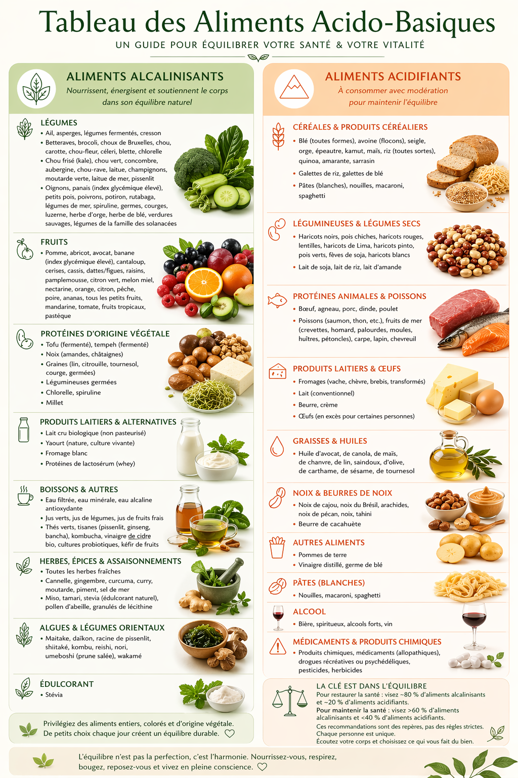 Tableau des aliments acido-basiques montrant les aliments alcalinisants et acidifiants pour une alimentation équilibrée