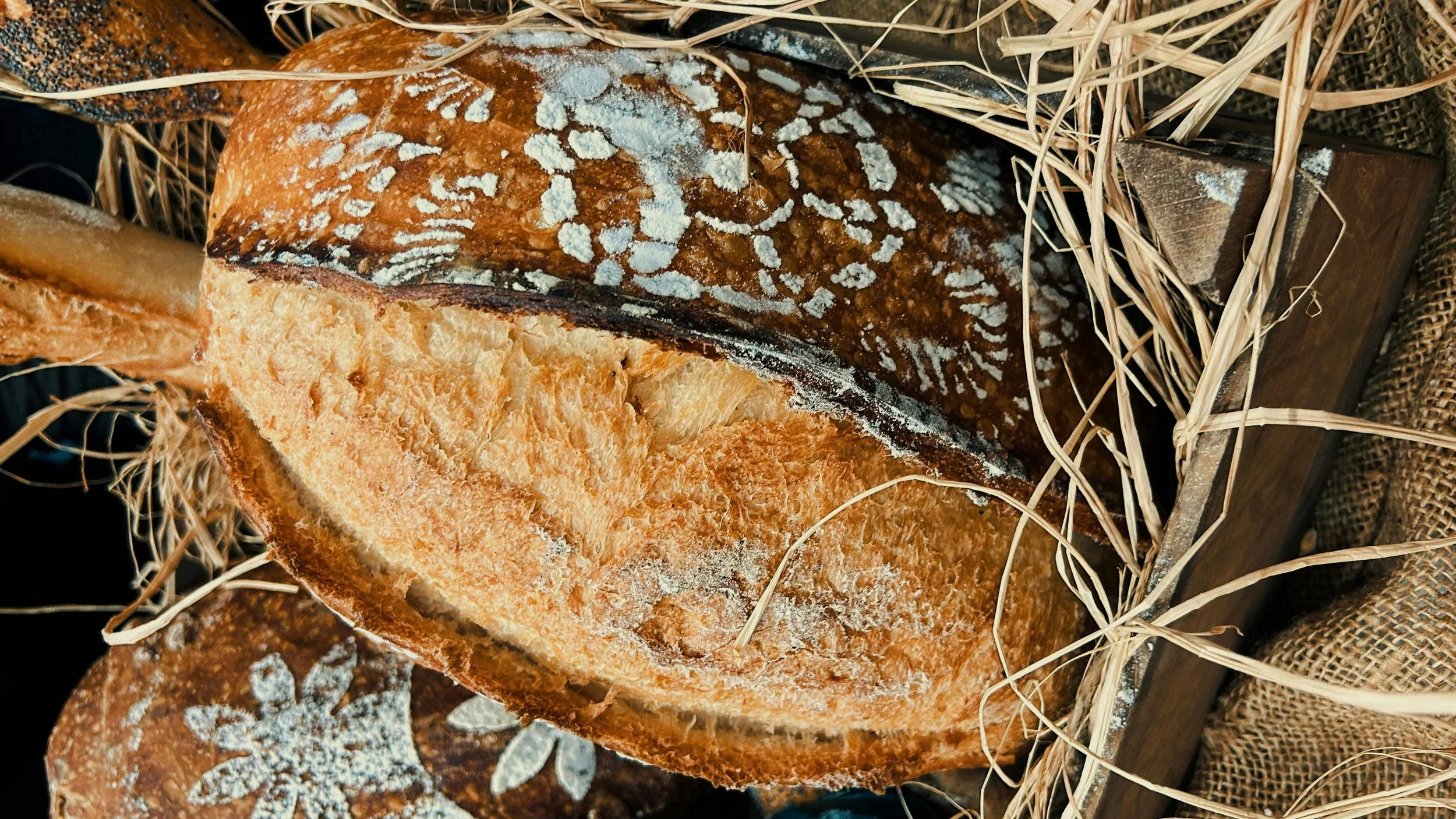 Rustic white bread loaf made with stoneground flour, dusted with decorative flour patterns and photographed on hay.