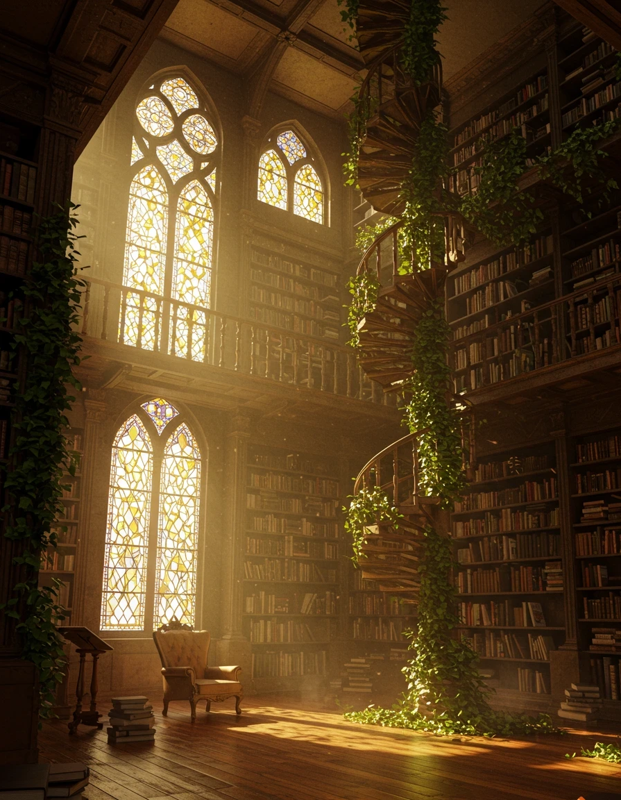 Timeless library with spiral staircase, symbolising access to spiritual wisdom and insight.