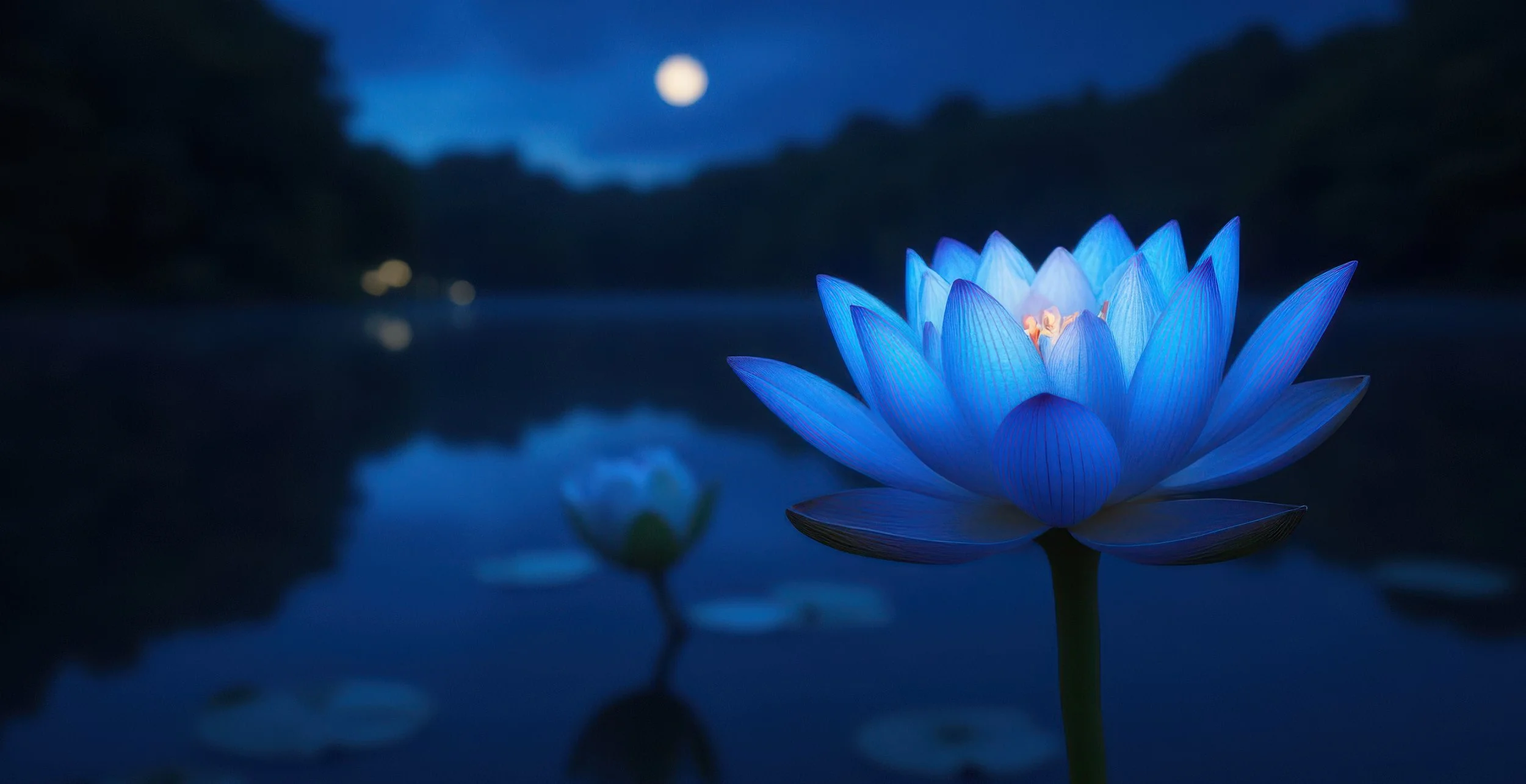 A blue lotus flower symbolising wisdom, on a lake at night time with a full moon and a deep sense of serenity.