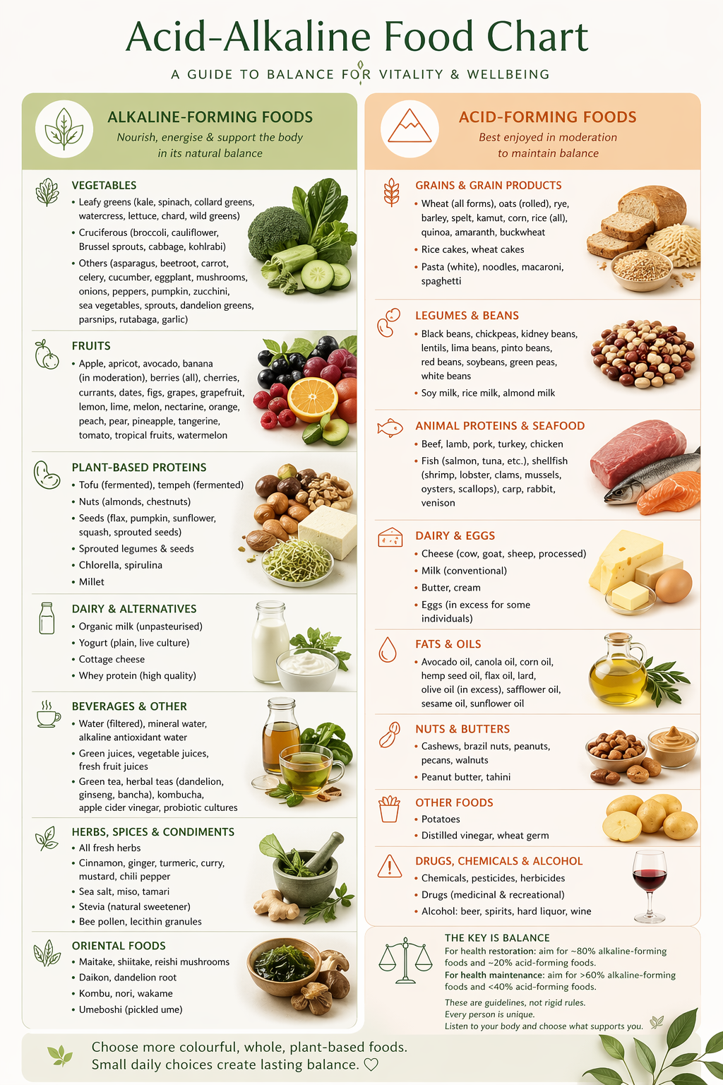 Acid alkaline food chart showing alkaline-forming and acid-forming foods for balanced nutrition