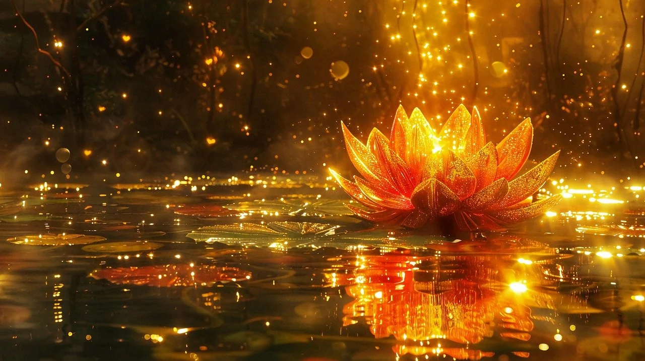 A gold lotus flower, on gold water symbolising higher consciousness