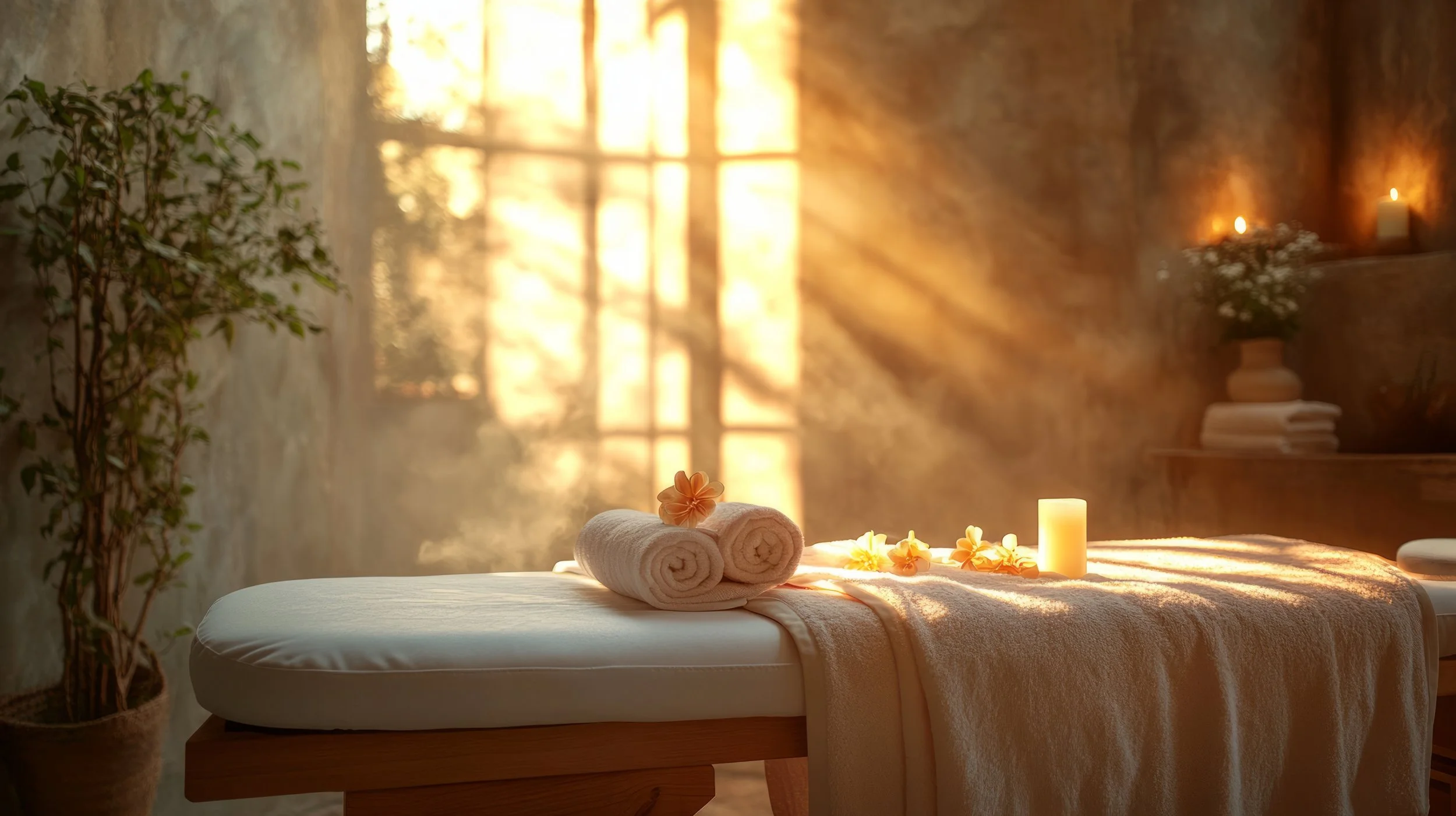 Table de soin avec fleurs de tiaré, bougie et lumière naturelle, évoquant une séance de LaHoChi dans une atmosphère douce et apaisante.