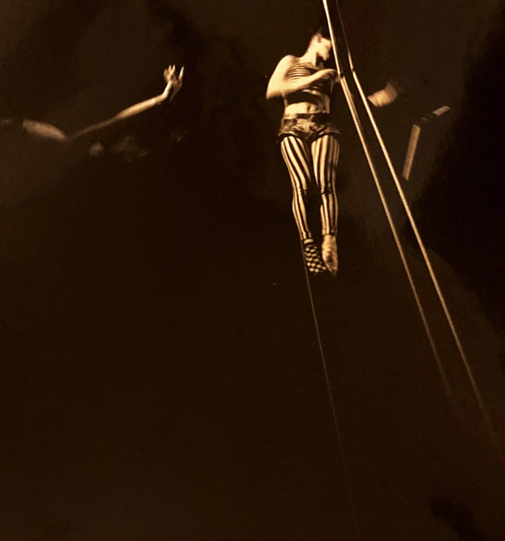 Sylvie en vol sur trapèze volant, illustrant un parcours de création, de mouvement et de présence corporelle.