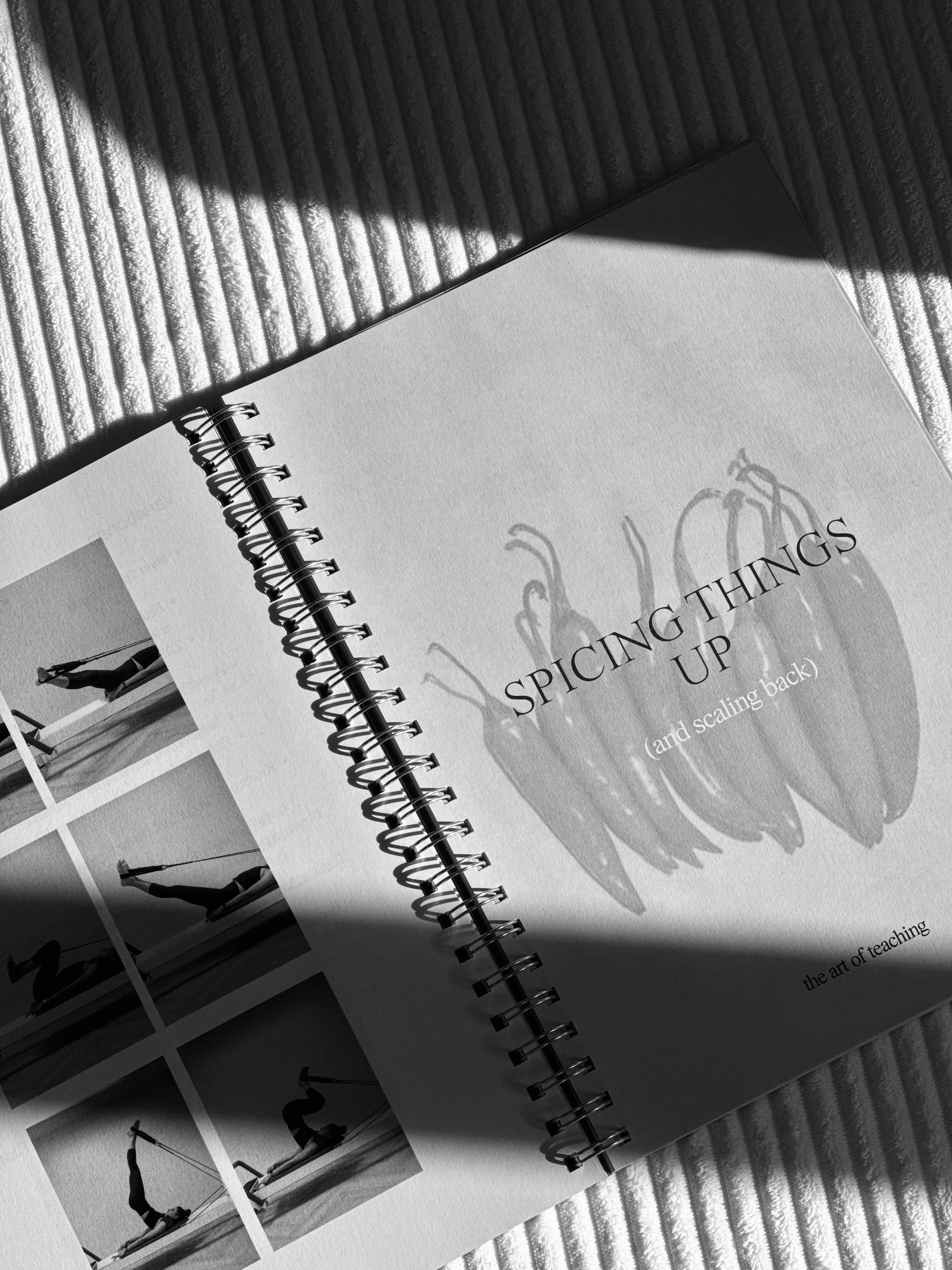 Schlichtes Workbook mit dem Titel 'Spicing Things Up (and scaling back)' und einem schwarzen und weißen Bild eines Paprikas auf dem Cover, liegt auf einer geriffelten Oberfläche, halb im Sonnenlicht.
