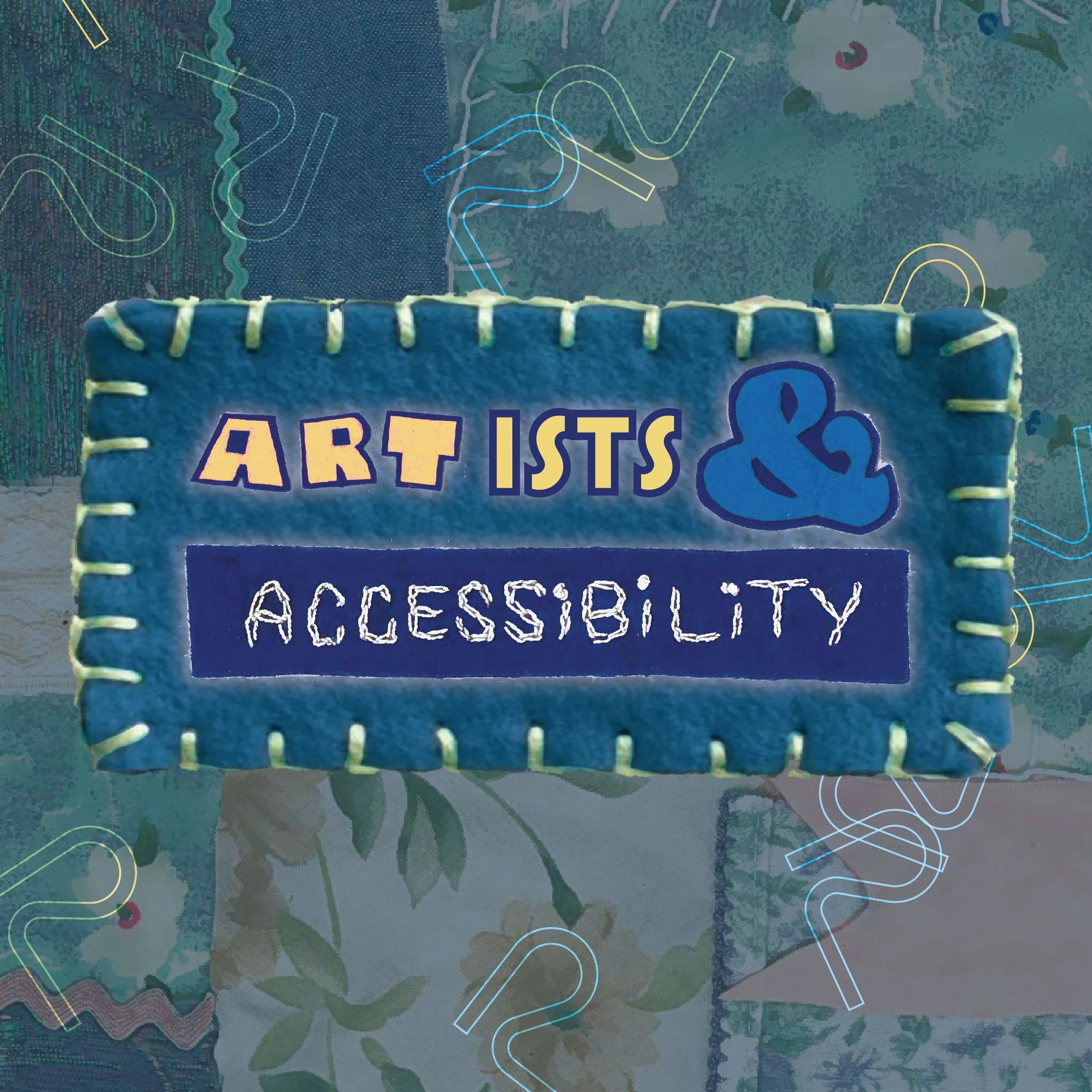 An event poster with a colourful artwork by Al Young in the background, referencing blue, green, and yellow textiles.