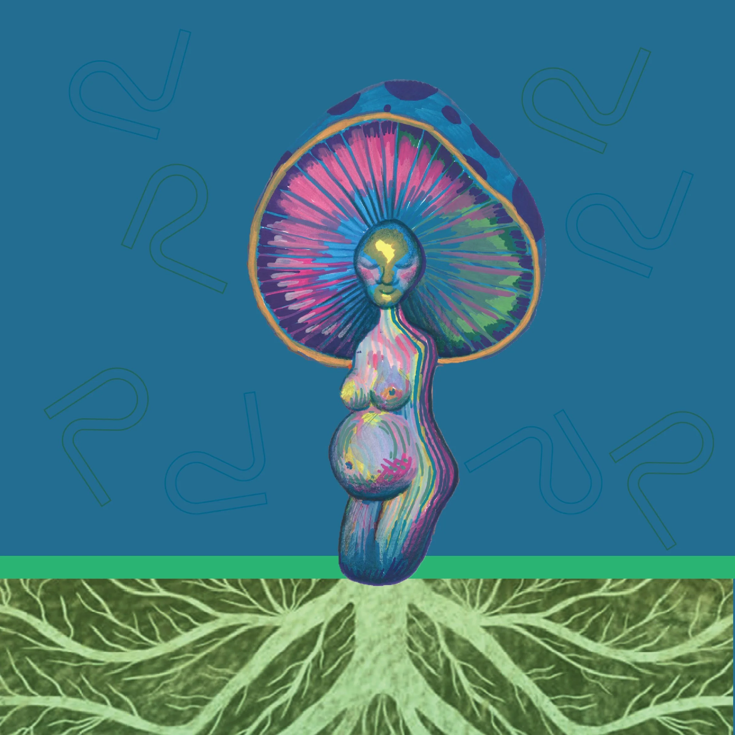 An event poster with a blue background, with an illustrated figure that references a mushroom.