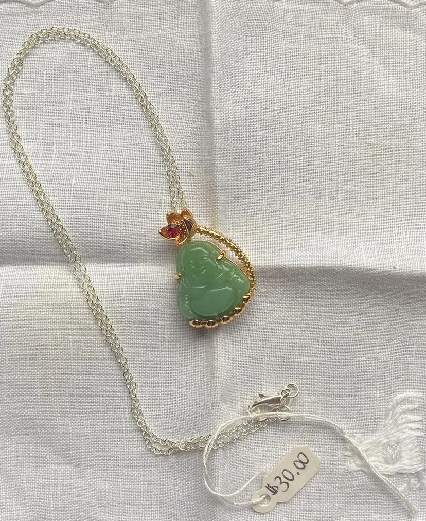 Green Jade Buddha With A Ruby Gemstone Pendant Necklace