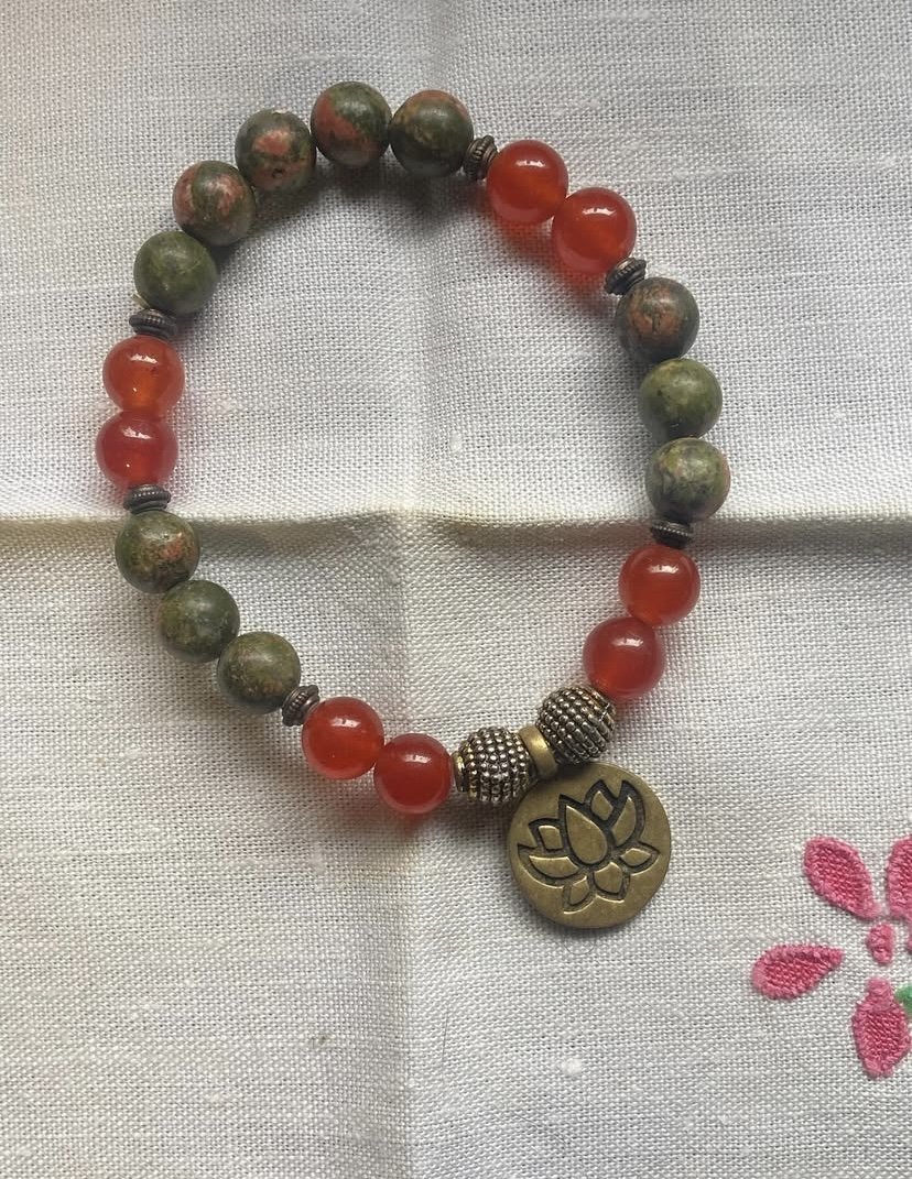 Unakite + Red Jasper Om Flower Bracelet