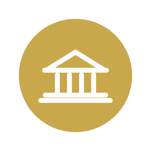Icon of a courthouse or government building with pillars on a gold circular background.