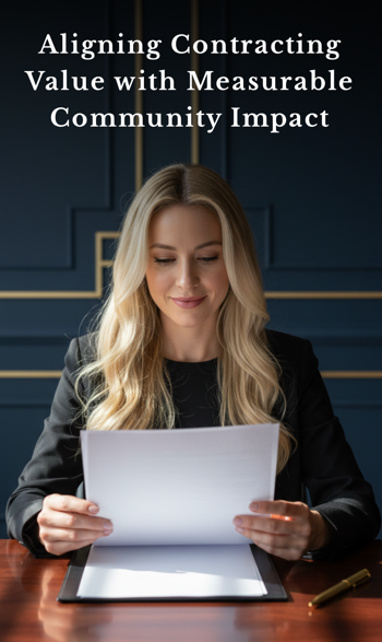 Woman reading a document at a desk with a dark background and gold accents, with the text 'Aligning Contracting Value with Measurable Community Impact'.