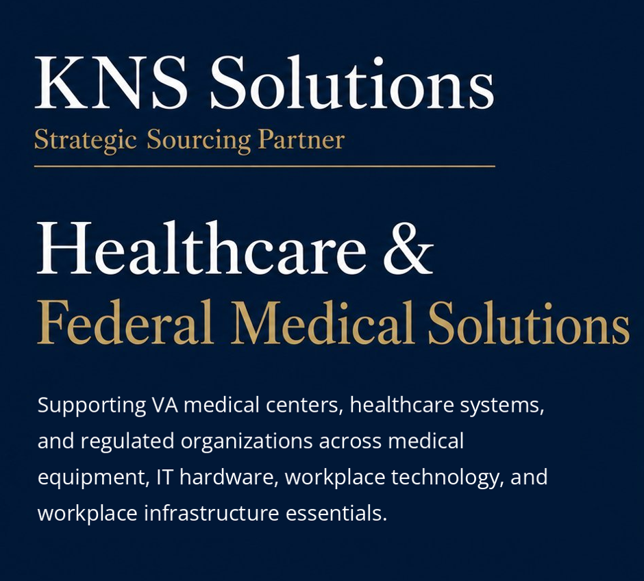 KNS Solutions  Strategic Sourcing Partner' and text highlighting healthcare and federal medical solutions, supporting VA medical centers and healthcare systems.