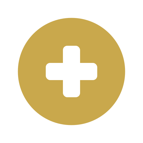 Icon of a white medical cross inside a gold circle on a black background.