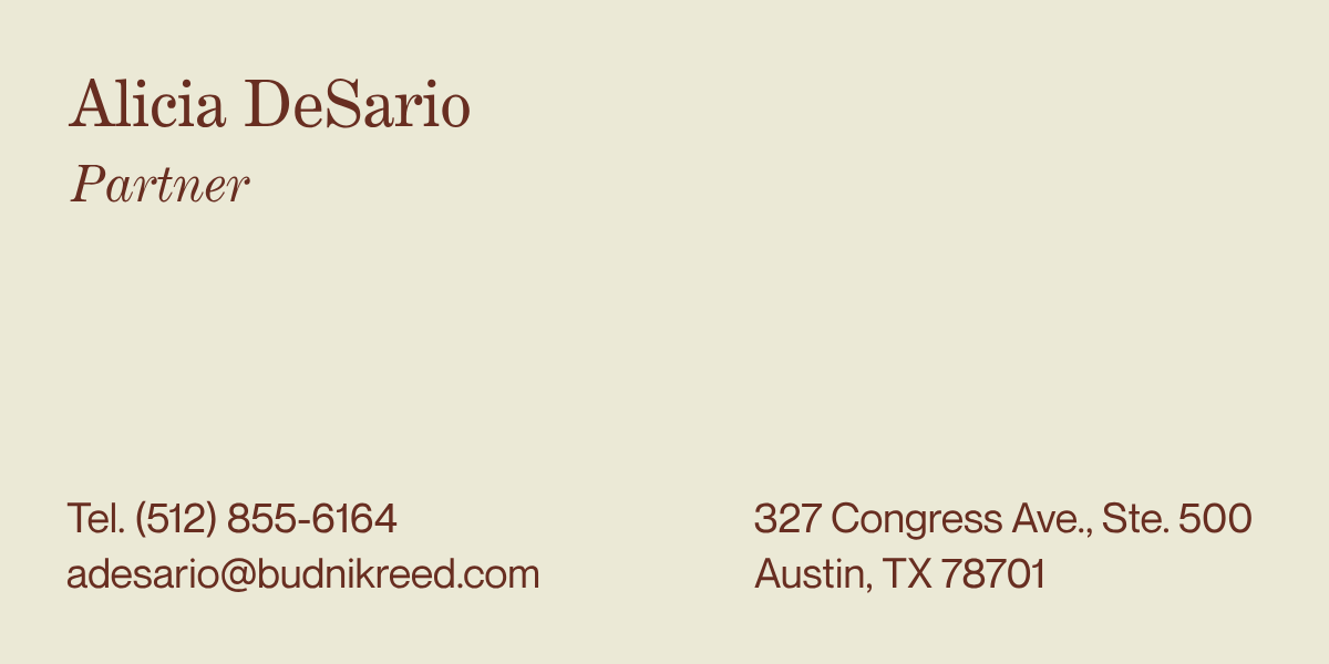 Business card for Alicia DeSario, Partner, with contact information and address in Austin, Texas.