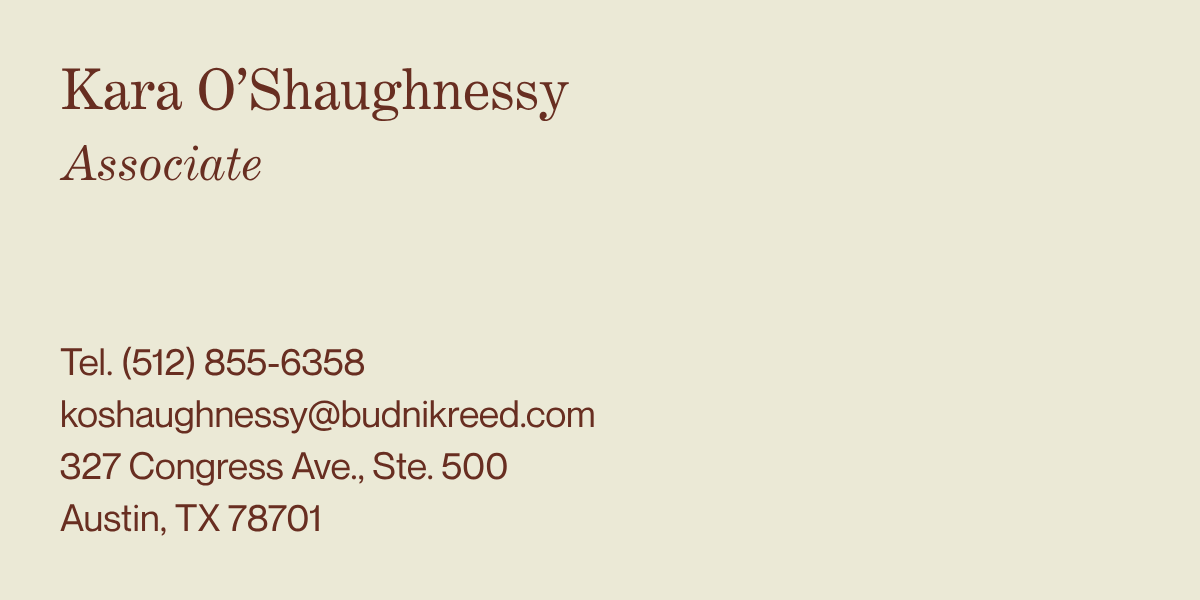 Business card for Kara O'Shaughnessy, Associate, includes contact information such as phone number, email, and address.