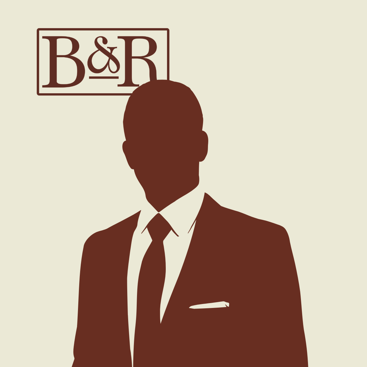 Silhouette of a man in a suit and tie with a restaurant or hotel sign that says 'B & R' in the background.