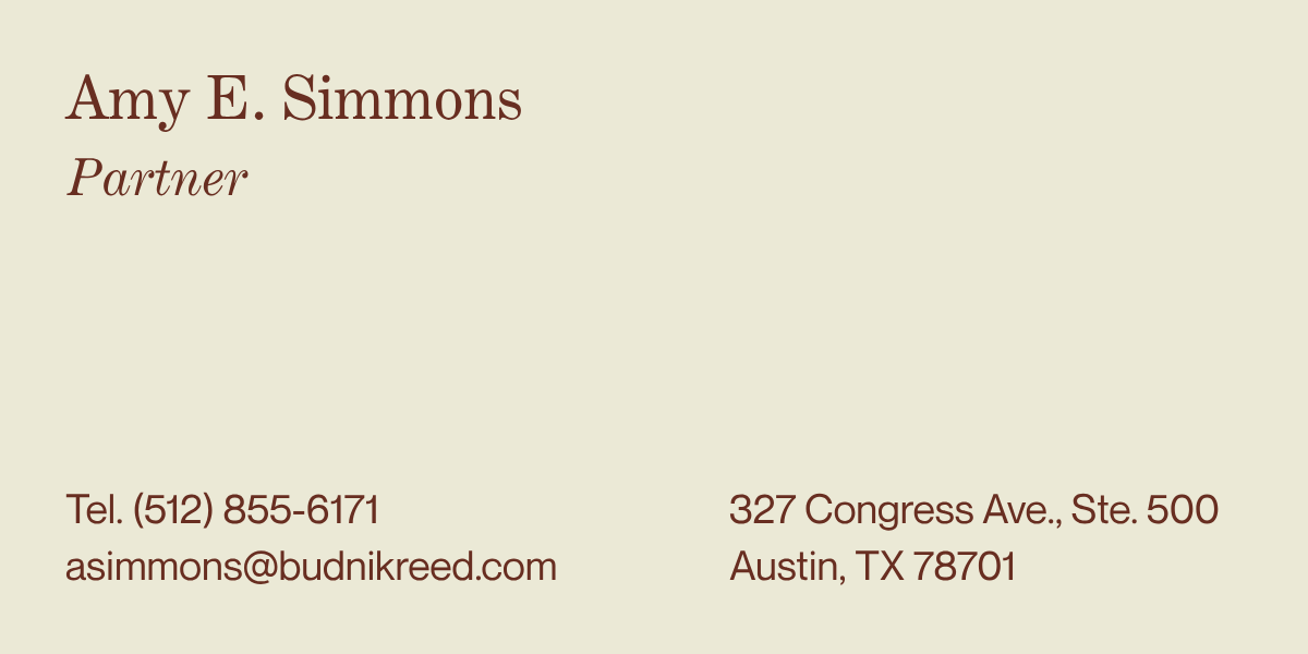 A professional business card for Amy E. Simmons, a partner, with contact details and address in Austin, Texas.