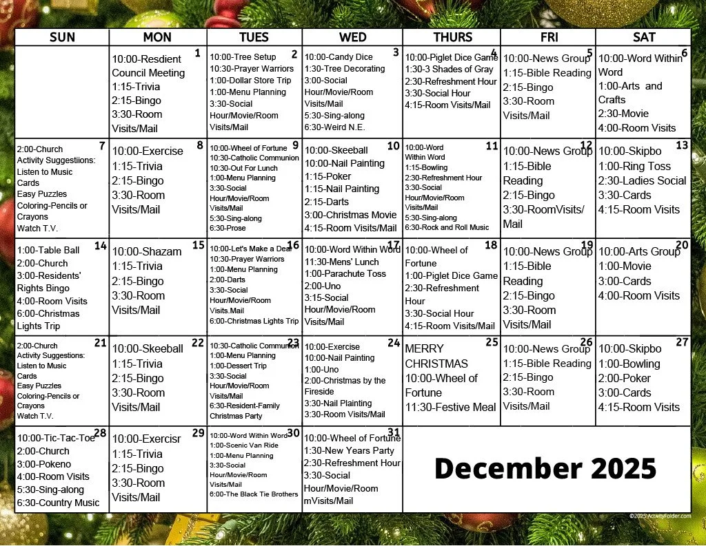 December 2025 weekly schedule with planned activities for each day, including games, exercises, craft activities, religious sessions, and social events, set against a festive holiday-themed background.