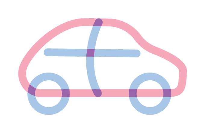En neonillustration av en bil med en sköldpadda på taket.