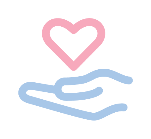 En minimalistisk illustration av en hand i blått som håller ett rosa hjärta.