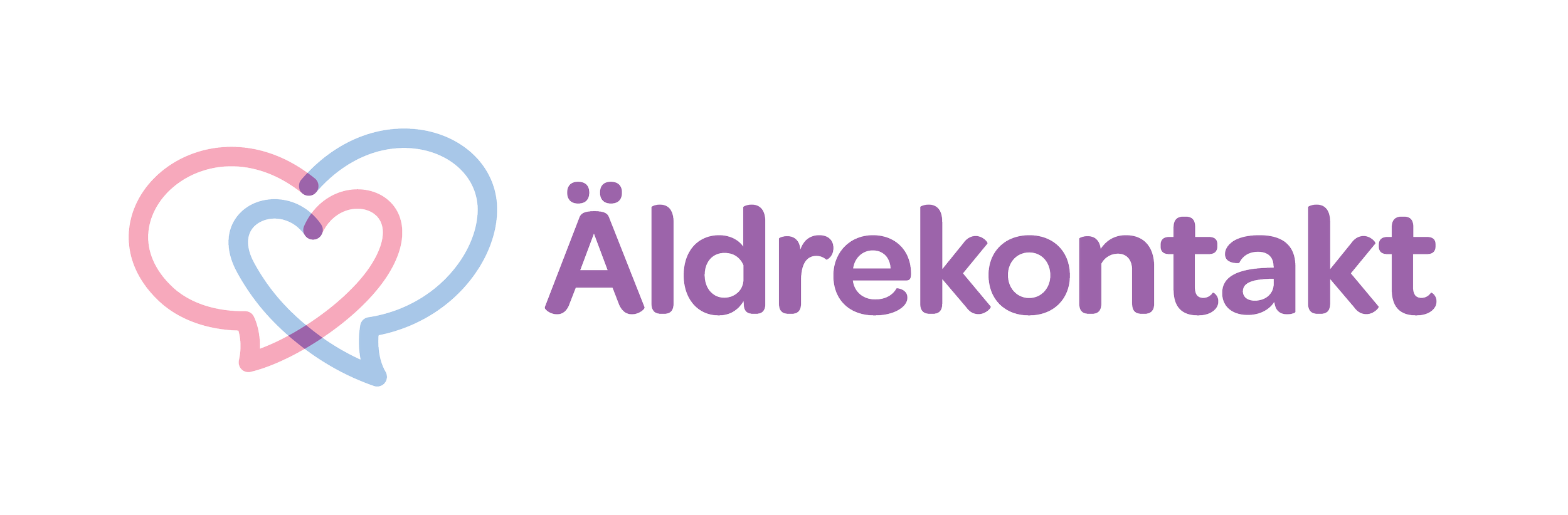 Logotyp för Äldrektakt, med två sammanflätade hjärtan i rosa och blått samt svart text.