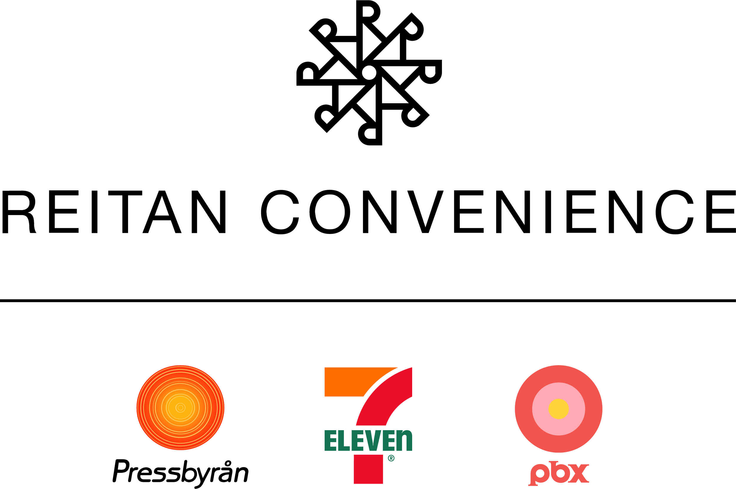 Toppdelen av en grafisk design med svart och vit bakgrund och text 'REITAN CONVENTION' samt olika färgglada cirklar och logotyper i botten.
