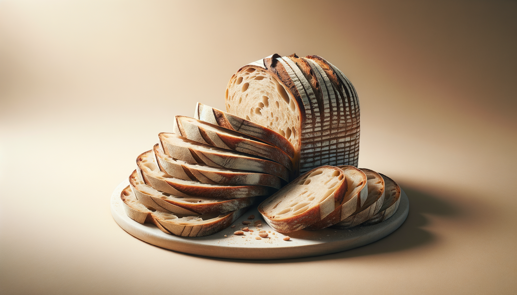 Sliced loaf of bread on a wooden plate with a whole loaf behind it, against a beige background.